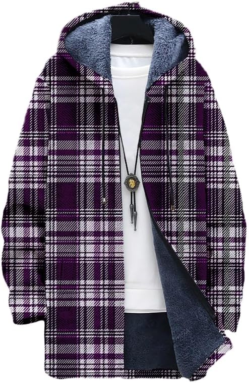 Sherpa Hoodie Fleece - Men's Plaid Cardigan Oversized Zip Up