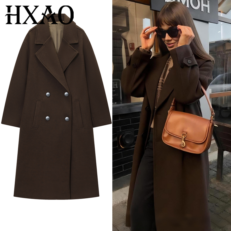 HXAO Women's Coat Brown Tweed  - Wool Coat Peacoat ulasan dan harga