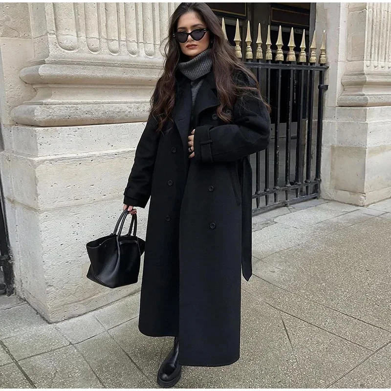 Elegant Grey Belt Long Faux Wo - Wool Coat Peacoat ulasan dan harga