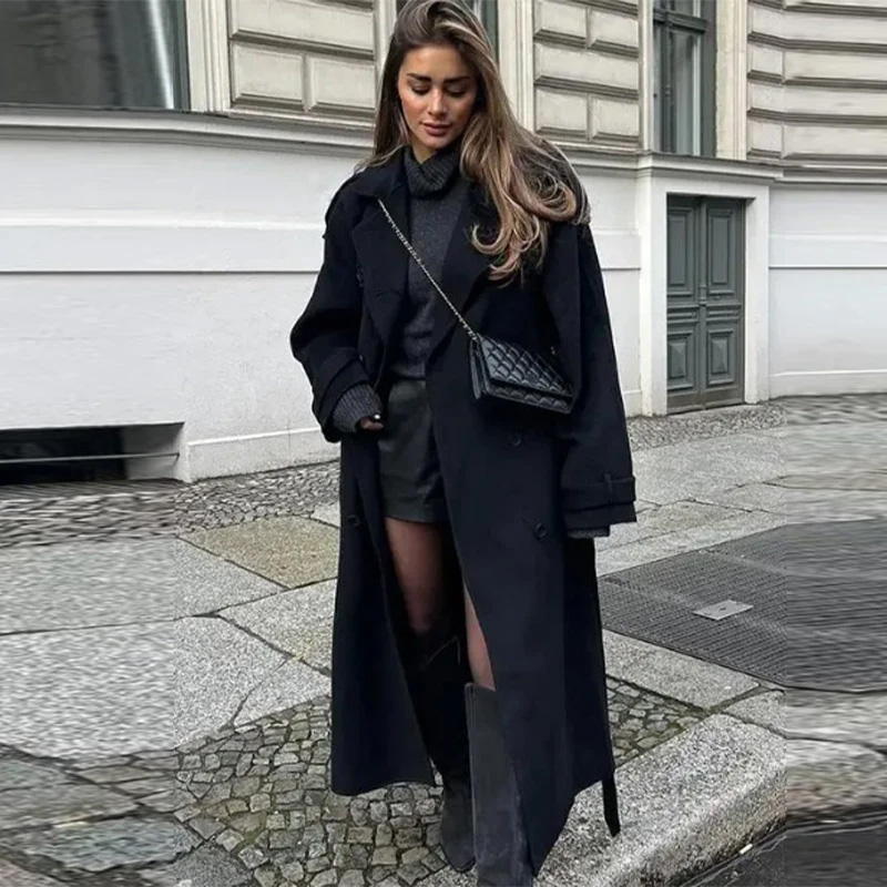Elegant Grey Belt Long Faux Wo - Wool Coat Peacoat ulasan dan harga