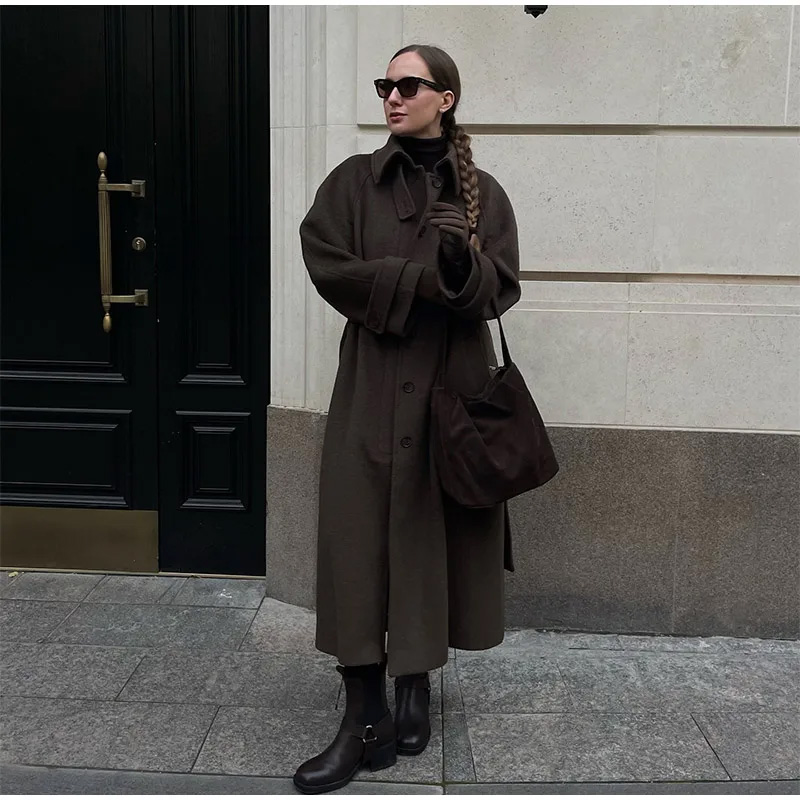 Elegant Grey Belt Long Faux Wo - Wool Coat Peacoat ulasan dan harga