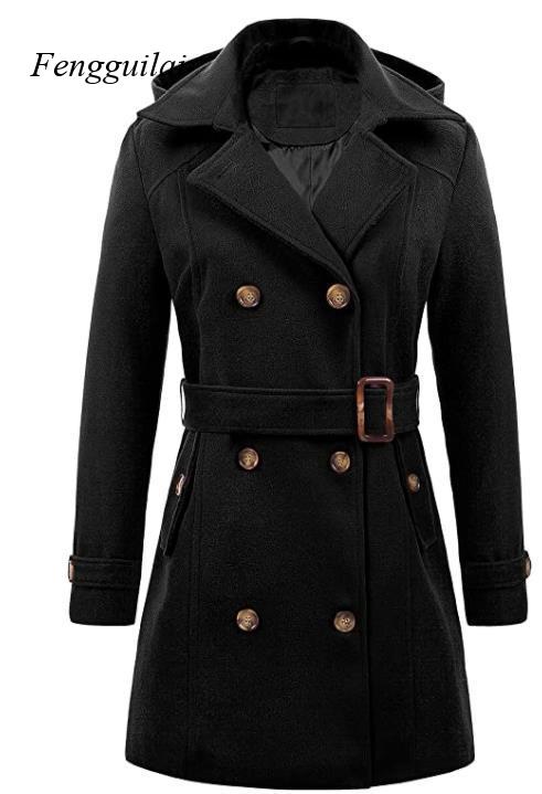 Women's Black Hooded Double Br - Wool Coat Peacoat ulasan dan harga